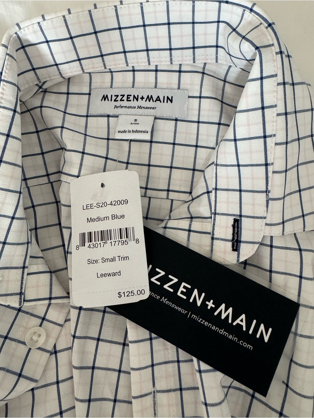 NWT Mizzen+Main White Dress Shirt with Blue Windowpane Check